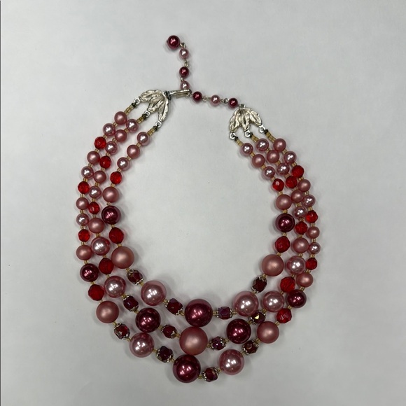 Jewelry - Pink and Red Multi-Strand Necklace with Cascading Beads